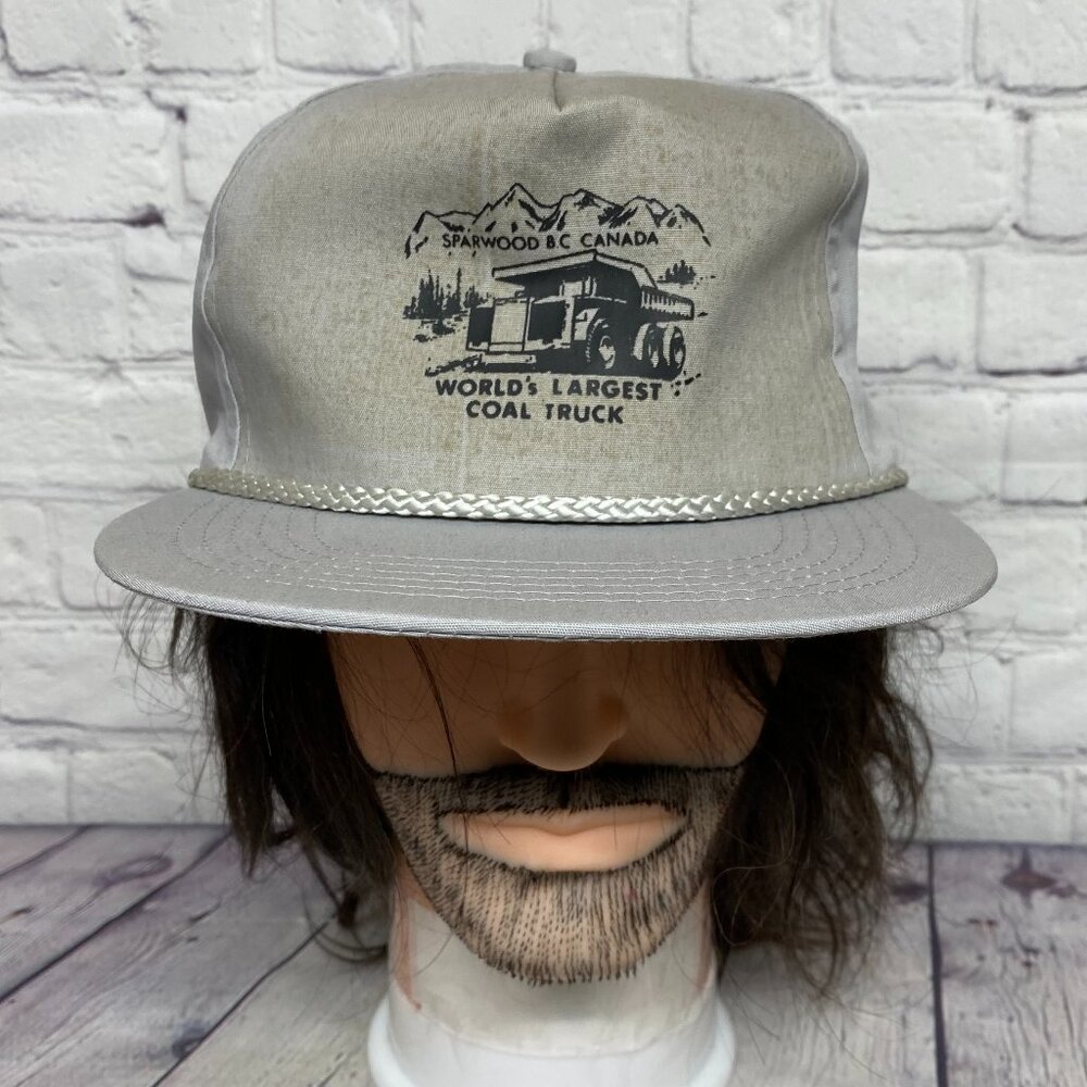 Vintage Trucker Hat Rope Cap Snapback Gray Sparwood BC Coal Truck - STAINS